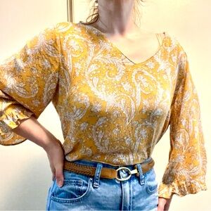 Yellow Paisley Western Boho Ruffle Bell Sleeve Blouse